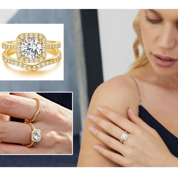 18K Yellow Gold and White Diamond Cubic Zirconia Wedding Ring Band Set - Picture 5 of 6